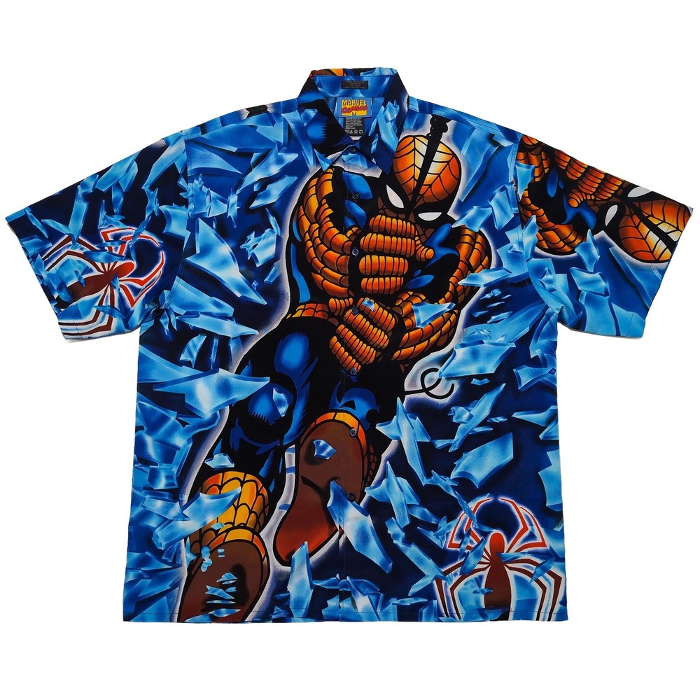 MARVEL COMICS Spider-Man Camp Shirt Mens XL Blue Vintage Y2K 2001 Hawaiian